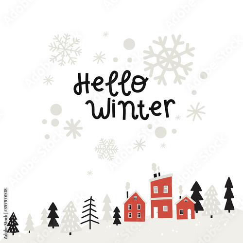 vector hello winter forest christmas trees houses postcard template background