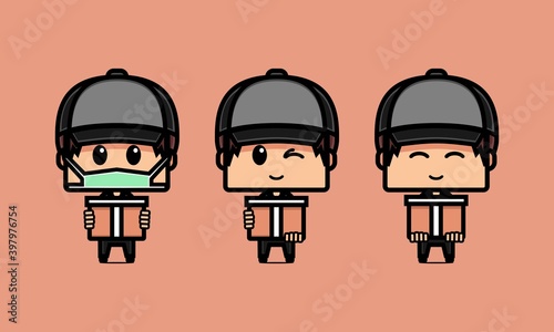 Set of cute delivery service character. Cute courier man bring the box for delivery. Illustration vector