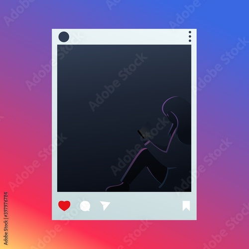 Silhouette of a female character sitting alone on a cellphone gets a love. Social Media Anxiety Disorder. Illustration vector