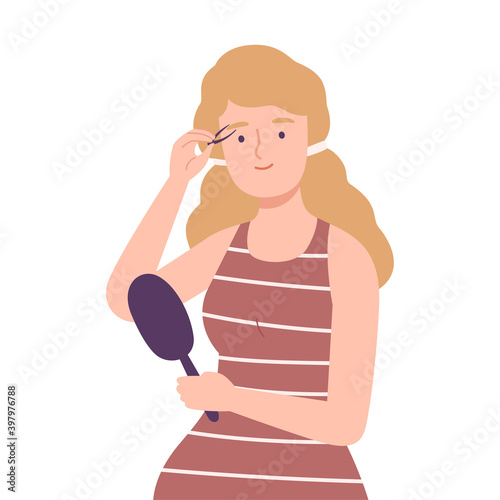 Beautiful Woman Holding Mirror and Tweezing her Eyebrow, Skin Care Routine Cartoon Style Vector Illustration