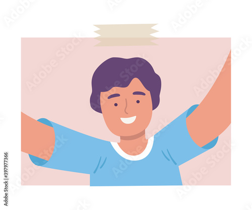 Happy Laughing Man Taking Selfie Using Smartphone Cartoon Vector Illustration