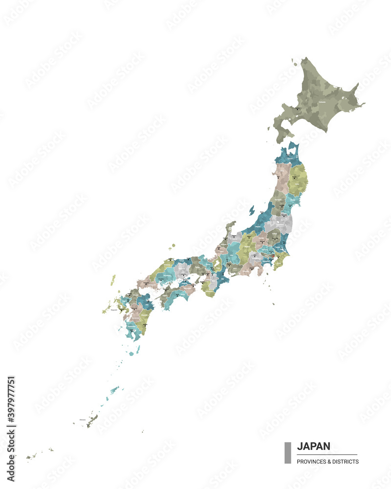 Japan higt detailed map with subdivisions. Administrative map of Japan with districts and cities name, colored by states and administrative districts. Vector illustration.