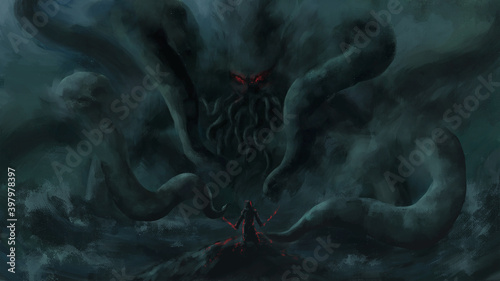 warrior standing looking  Cthulhu,Cosmic monster, sea monster,strom bad weather ,digital art, Illustration painting.	 photo