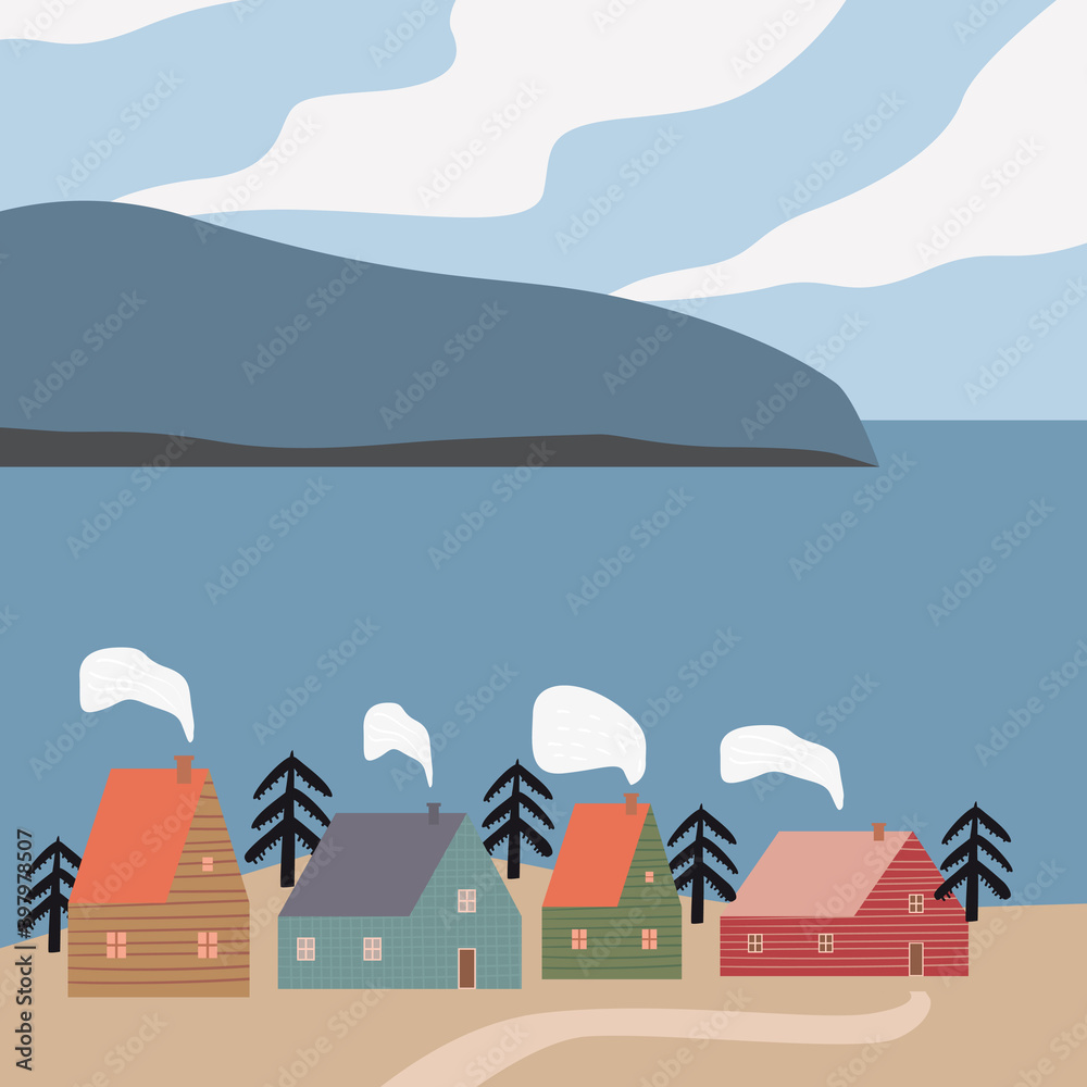 Scandinavian landscape red houses, sea, winter, mountains, hills, fjord Minimalist Nordic nature illustration vector