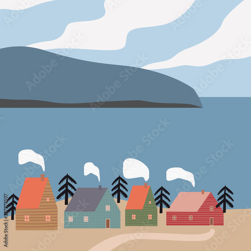 Scandinavian landscape red houses, sea, winter, mountains, hills, fjord Minimalist Nordic nature illustration vector