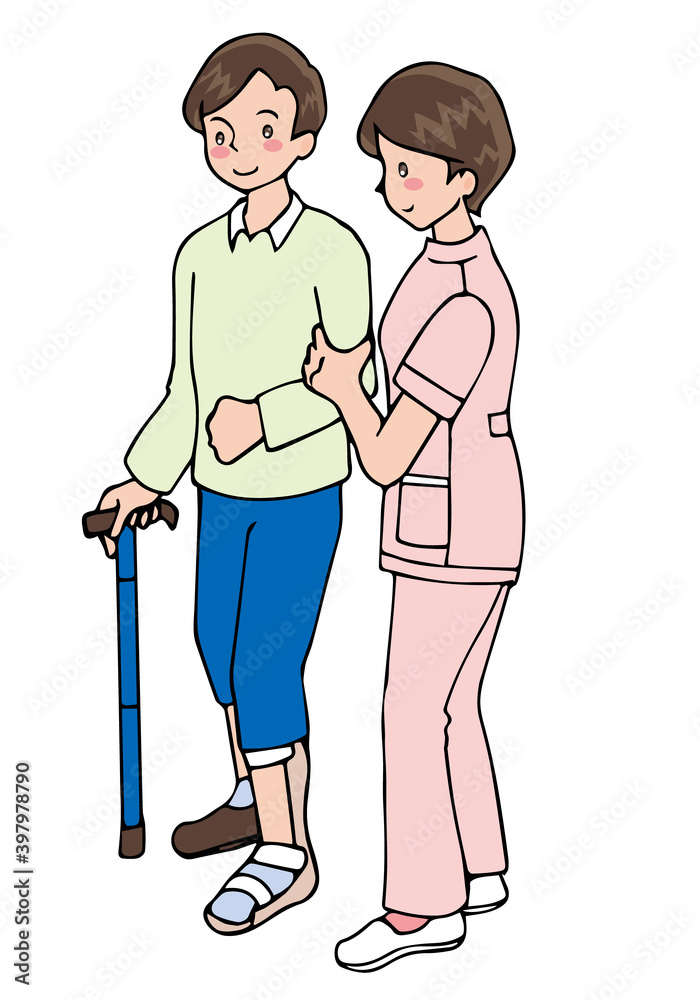 装具を付けて杖歩行する男性と、介助者