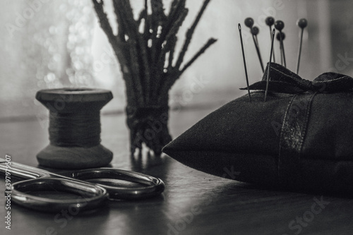 black and white, still life with sewing equipment