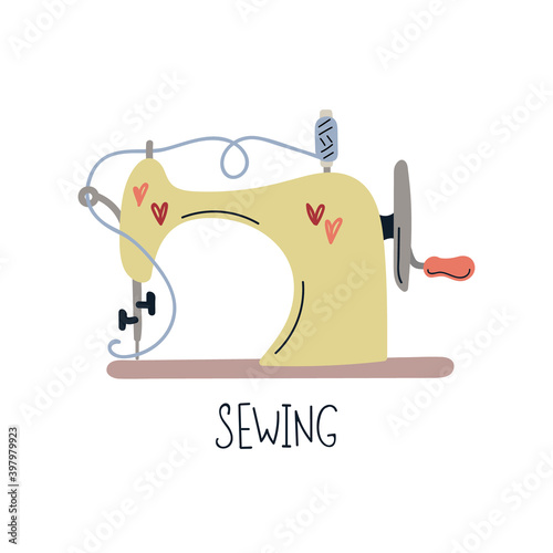 Needlework and handmade concept. Retro sewing machine with manual drive. Logo for a sewing workshop. Illustration hand drawing in flat style. Isolated on a white background. 