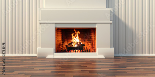 Fototapeta Burning fireplace, cozy home interior. 3d illustration