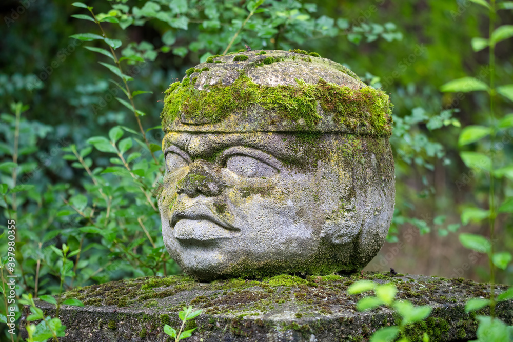 Replica of Olmec civilization Sculpture, colossal head carved from stone in forest. Big stone head statue in a jungle.