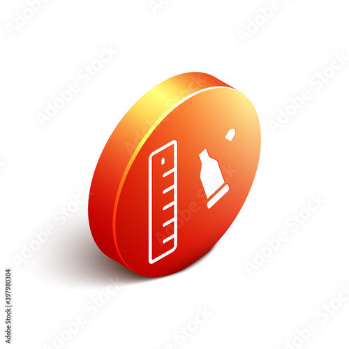 Isometric Bullet casing as a piece of evidence placed with forensic ruler for documentation icon isolated on white background. Concept of crime scene. Orange circle button. Vector.