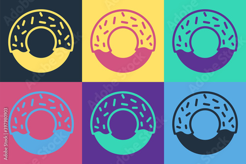 Pop art Donut with sweet glaze icon isolated on color background. Vector.