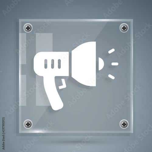 White Police megaphone icon isolated on grey background. Square glass panels. Vector.