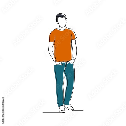 Continuous line drawing of standing young man gesture. Vector illustration © MuhammadZulfan