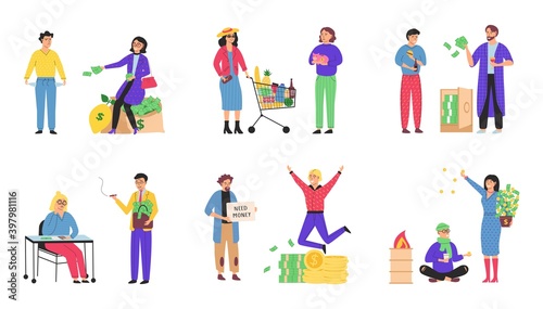 Financial richness and poverty. Waste money vector isolated. Scene set with successful happy rich people and unhappy sad poor man or woman character save, spend. Income class. Society imbalance