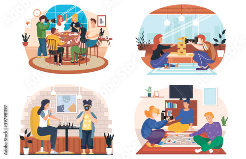 A set of illustrations on the theme of photo sessions in the apartment. People playing board games. Photographer takes pictures of friends spending time together. Young characters having rest at home