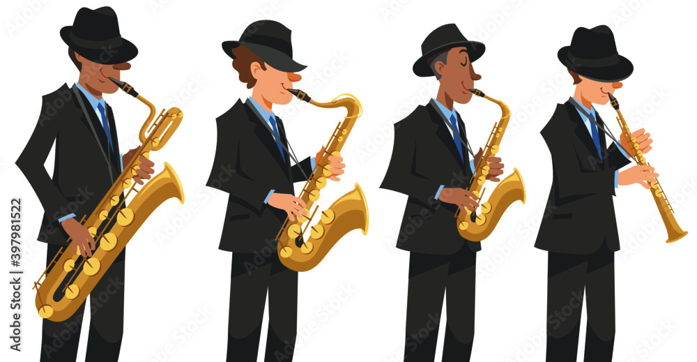 Jazz saxophone players in black suits and hats performing on isolated white  background. Performing with baritone, tenor, alto, soprano saxophone.  Vector illustration in flat cartoon style. Stock Vector | Adobe Stock