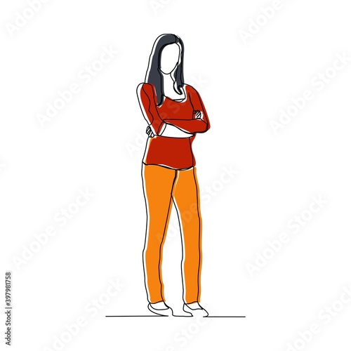 Continuous line drawing of standing woman crossing hand gesture. Vector illustration