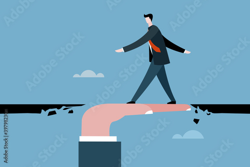 Conceptual illustration of a hand  helping a businessman  to cross a broken bridge