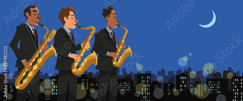 Jazz saxophone players performing on moonlit landscape. Playing with baritone, tenor, alto saxophone. Vector illustration in flat cartoon style. photo