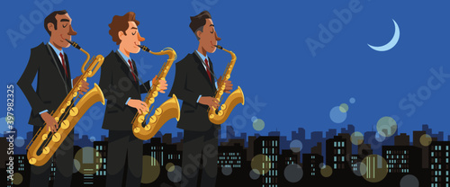Jazz saxophone players performing on moonlit landscape. Playing with baritone, tenor, alto saxophone. Vector illustration in flat cartoon style.