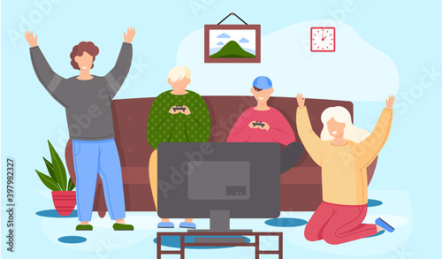 Guys sitting with gamepads and playing. People communicate and spend time together. Family is playing with console at home. Characters raise their hands happily. Men with joysticks watching tv screen