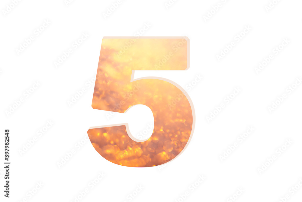 Festive Number: Numeral 7 with golden bokeh isolated on white background. Inscription For New year holiday or sale design Festive Number: Numeral 7 with golden bokeh isolated on white background. Inscription For New year holiday or sale design