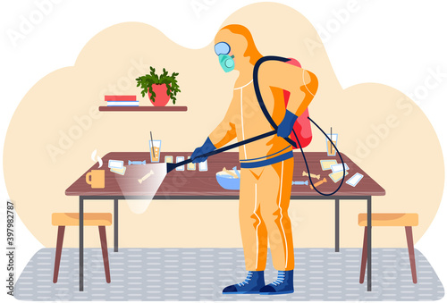 A man from epidemiological service doing disinfection in restaurant or livingroom to kill viruses and bacteria flat vector. Male character in a protective suit sprays a room with disinfectant solute
