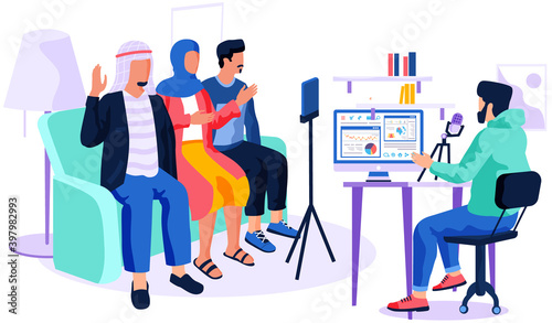 People of arab nationality give interviews on smartphone. A man is sitting with a laptop and recording a video massage from people. Man and woman are broadcasting online vector illustration