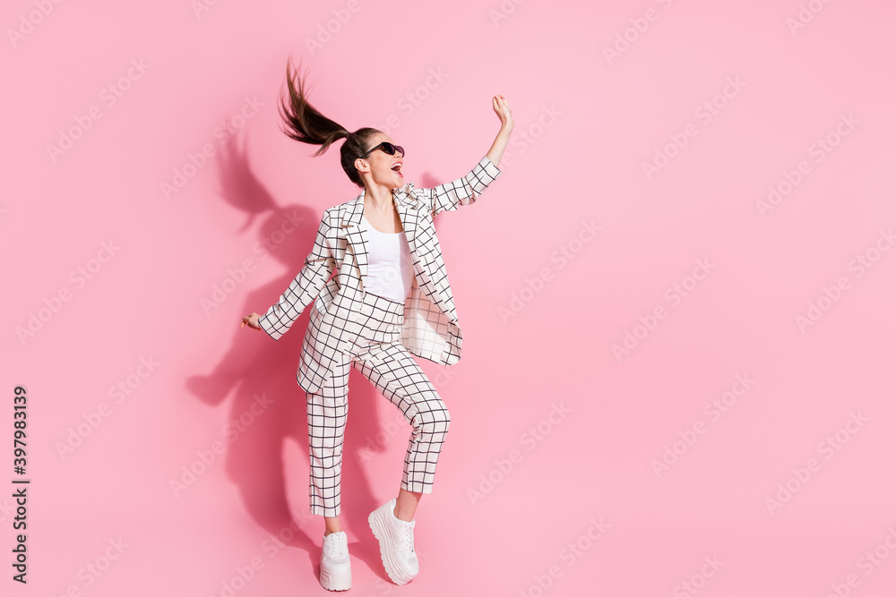 Full body photo of young happy positive smile girl have fun enjoy crazy isolated over pastel color background Full body photo of young happy positive smile girl have fun enjoy crazy isolated over pastel color background