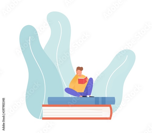 Scene of young reading man sitting on pile of books. Concept of education, st...