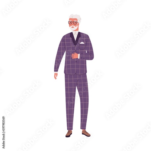 Aged modern man wearing stylish suit. Elderly male character standing in fash...