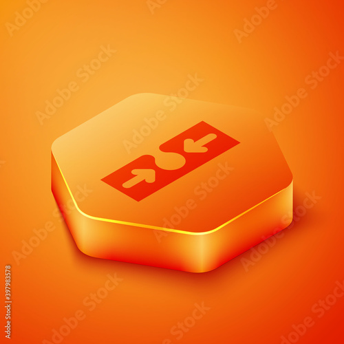 Isometric Acne icon isolated on orange background. Inflamed pimple on the skin. The sebum in the clogged pore promotes the growth of a bacteria. Orange hexagon button. Vector.