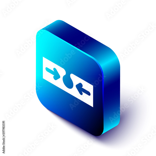 Isometric Acne icon isolated on white background. Inflamed pimple on the skin. The sebum in the clogged pore promotes the growth of a bacteria. Blue square button. Vector.