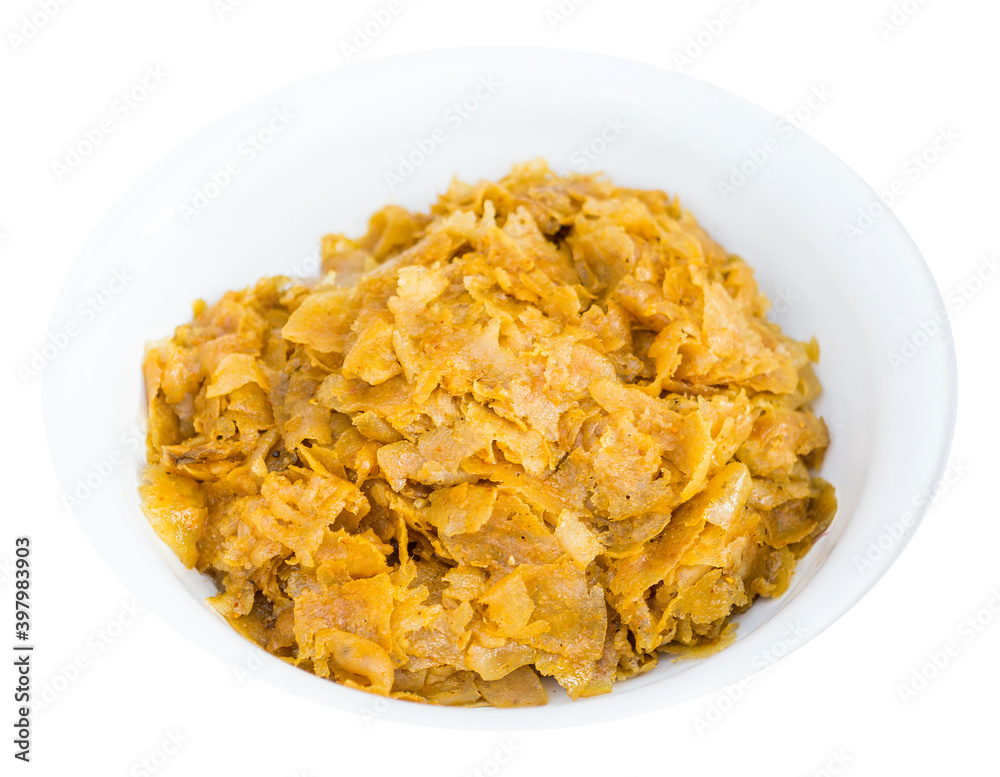 Hot and sour, grilled buff salad, Traditional northern Thai style food, grill buffalo skin spicy salad on white background Hot and sour, grilled buff salad, Traditional northern Thai style food, grill buffalo skin spicy salad on white background