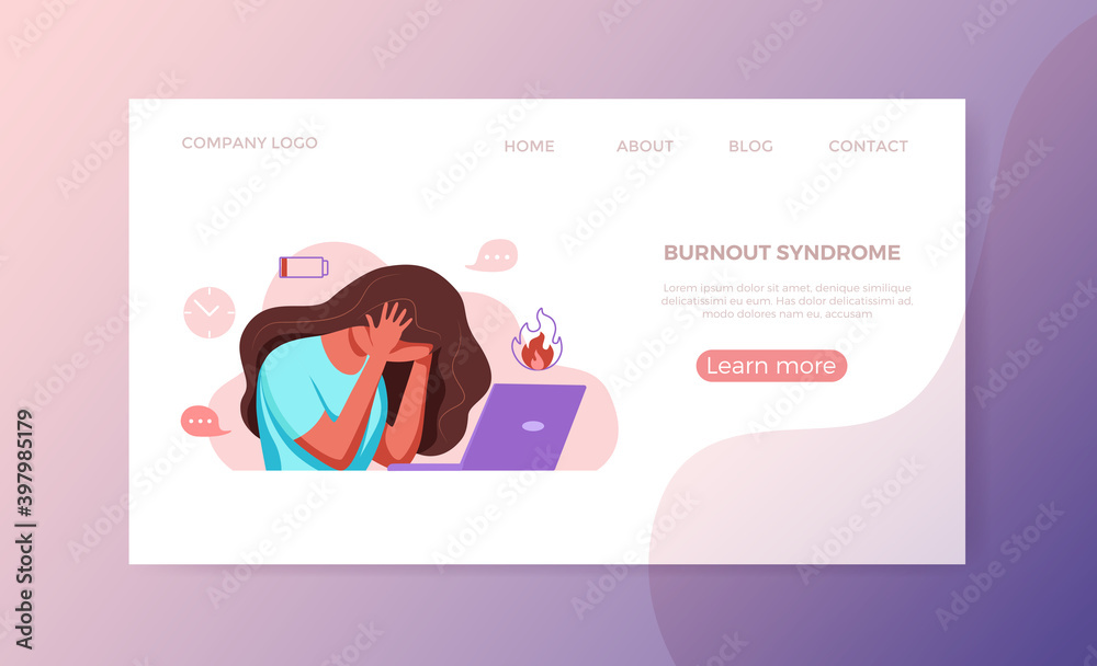 Professional burnout syndrome exhausted woman tired sitting at her workplace in office holding her head vector illustration
