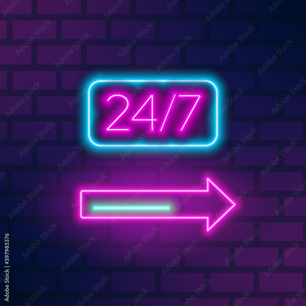 Neon roadside signboard with 24 hours inscription and arrow on brick wall. Fluorescent glowing advertising with 24h signage. Outline vector illustration of electric illuminated symbol Neon roadside signboard with 24 hours inscription and arrow on brick wall. Fluorescent glowing advertising with 24h signage. Outline vector illustration of electric illuminated symbol