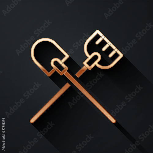 Gold Shovel icon isolated on black background. Gardening tool. Tool for horticulture, agriculture, farming. Long shadow style. Vector.