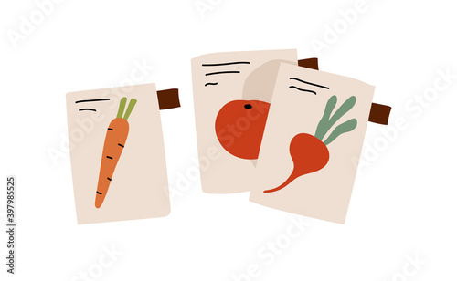 Carrot, tomato and beetroot seeds in paper package isolated on white background. Agricultural and farm concept. Cartoon flat vector illustration.