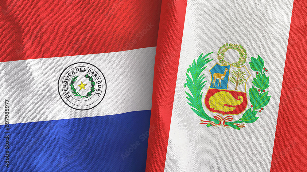Peru and Paraguay two flags textile cloth 3D rendering