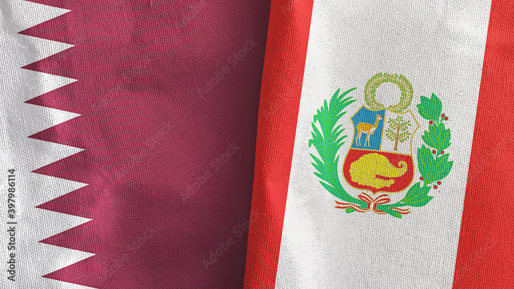 Peru and Qatar two flags textile cloth 3D rendering