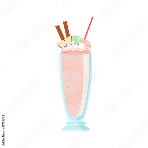 Glass of cold milkshake decorated with apple, cinnamon and marshmallow toppin...