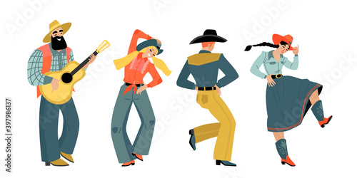 Set of people dancing country dance and musician with guitar
