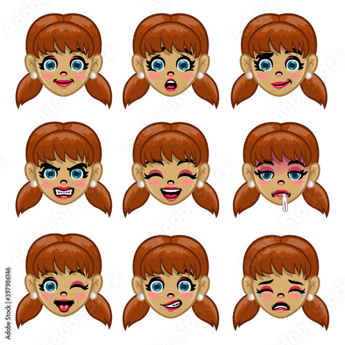 set of girl face with various face expression in cartoon photo