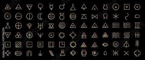 Line art icon set of esoteric glyphs, pictograms and symbols. Golden mystic and alchemy signs linear style photo