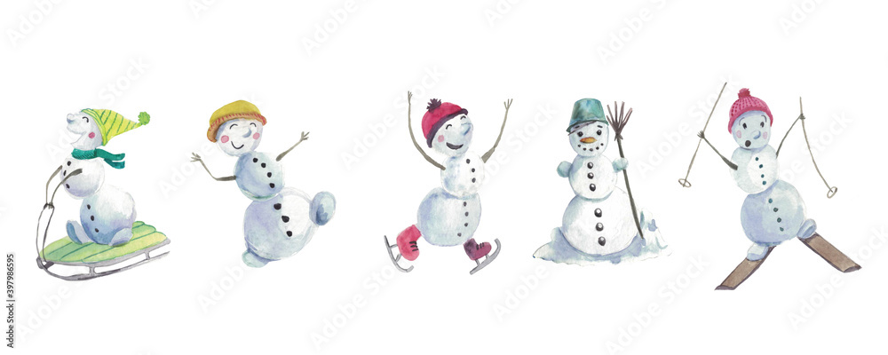 Set of funny snowman on white background Set of funny snowman on white background