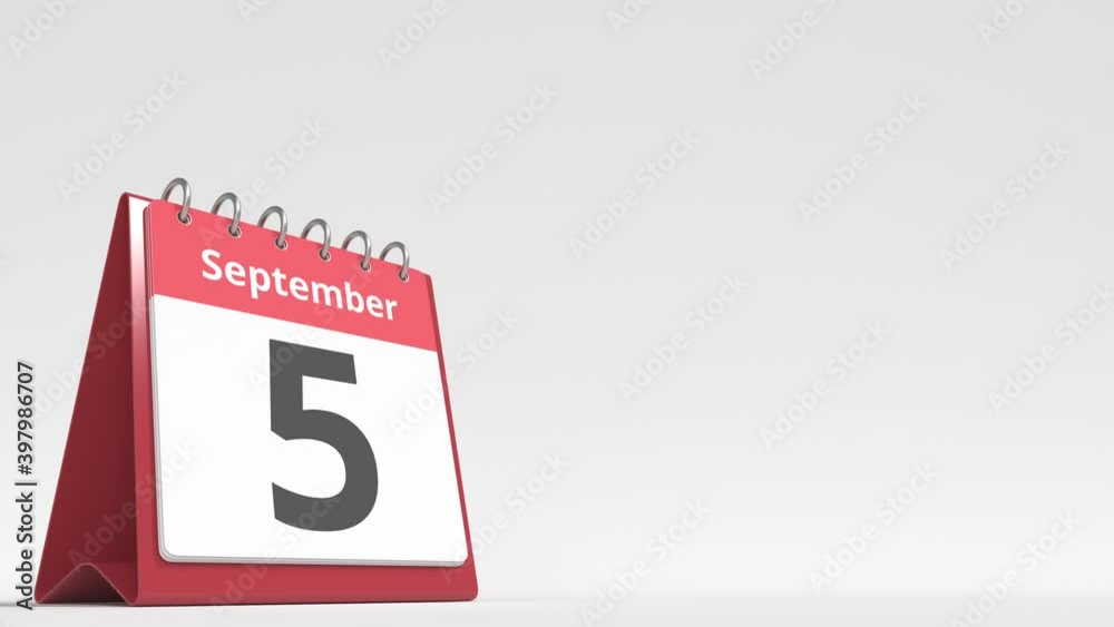 September 5 date on the flip desk calendar page, blank space for user text, 3d animation September 5 date on the flip desk calendar page, blank space for user text, 3d animation