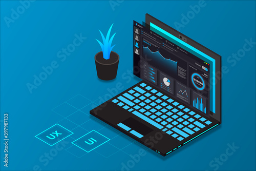 
Web design and development, web administration, isometric laptop, isometric technology, vector illustration