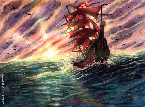 Watercolor sea landscape painting with ship with scarlet sails, nature landscape with sunlight flares on water, magic vessel in raging ocean artwork, hand drawn stormy weather art with sunny horizon.