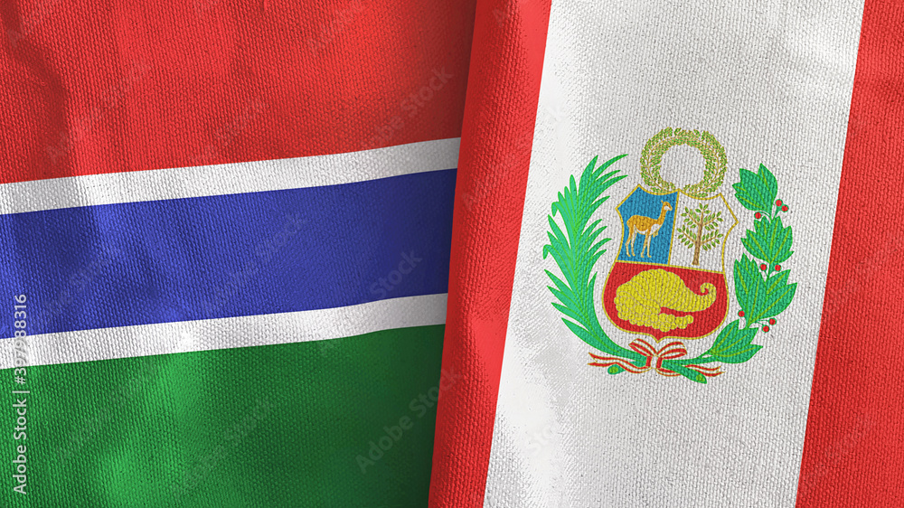 Peru and Gambia two flags textile cloth 3D rendering